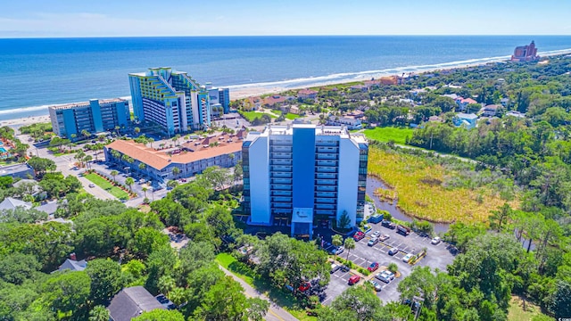 bird's eye view featuring a beach view and a water view