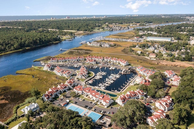 drone / aerial view featuring a water view