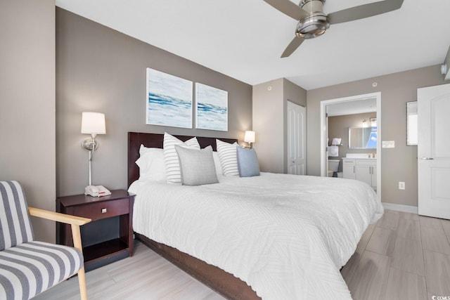 bedroom featuring ceiling fan, a closet, and connected bathroom