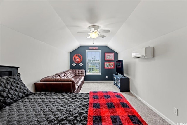 carpeted bedroom with vaulted ceiling, ceiling fan, and a wall mounted air conditioner