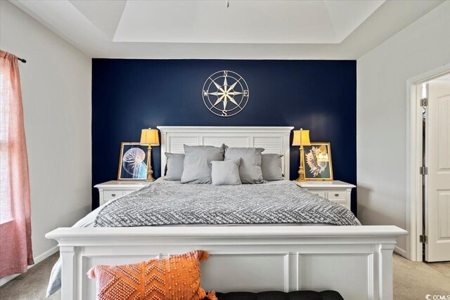 bedroom with a raised ceiling and light colored carpet