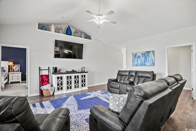 living room featuring lofted ceiling, ceiling fan, and hardwood / wood-style floors