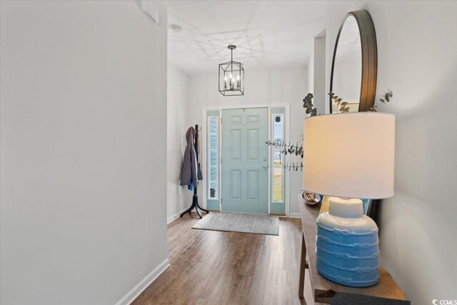 foyer entrance with wood-type flooring and a chandelier