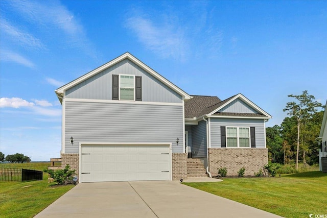 craftsman inspired home with driveway, brick siding, a garage, and a front yard