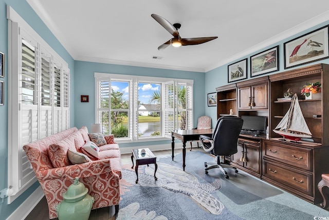 office area featuring ceiling fan, crown molding, and wood-type flooring