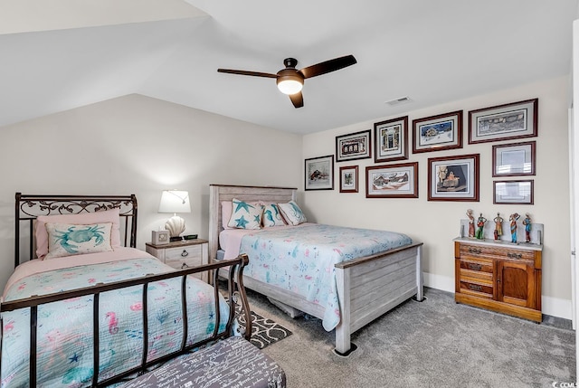 bedroom featuring lofted ceiling, ceiling fan, and carpet floors