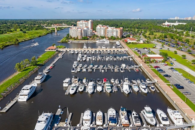 drone / aerial view with a water view