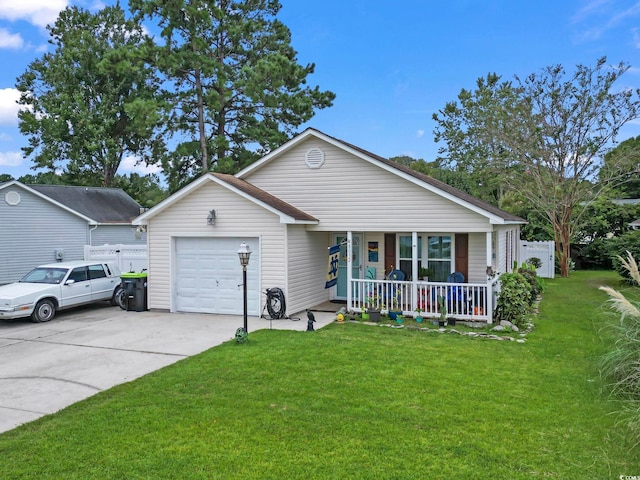 ranch-style house with a porch, a garage, and a front lawn