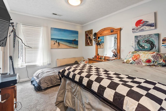 carpeted bedroom featuring a textured ceiling and crown molding