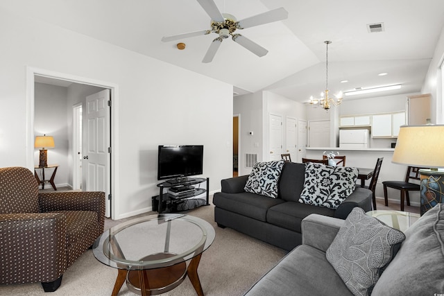 living room featuring ceiling fan with notable chandelier, lofted ceiling, and light colored carpet