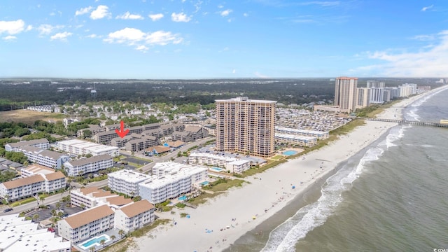 drone / aerial view featuring a view of the beach and a water view