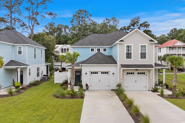 view of front property featuring a front lawn, central air condition unit, and a garage