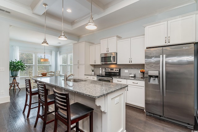 kitchen featuring backsplash, appliances with stainless steel finishes, a sink, and dark wood-style floors
