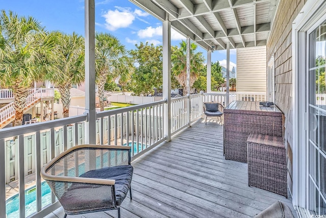 wooden deck with a fenced in pool