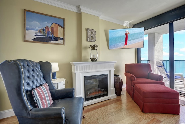 living room featuring ornamental molding and light hardwood / wood-style flooring