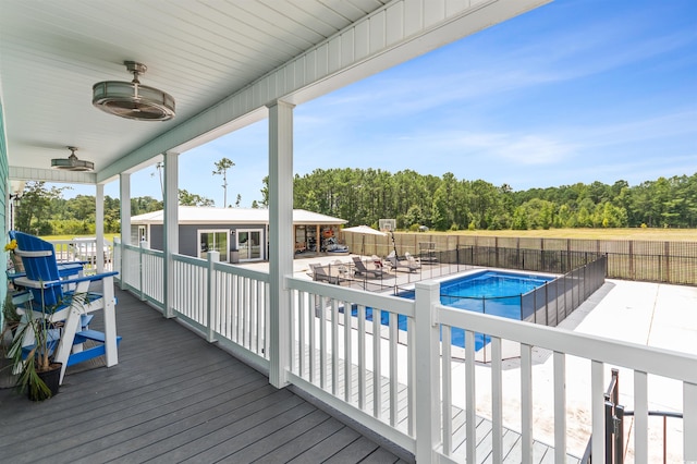 exterior space with ceiling fan and a fenced in pool