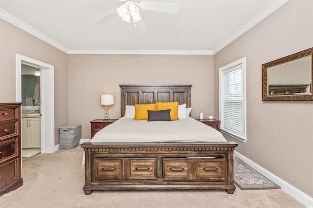 carpeted bedroom featuring ceiling fan, connected bathroom, and crown molding