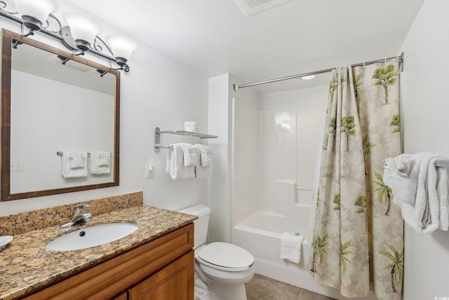 full bathroom featuring vanity, shower / tub combo, toilet, and tile patterned floors