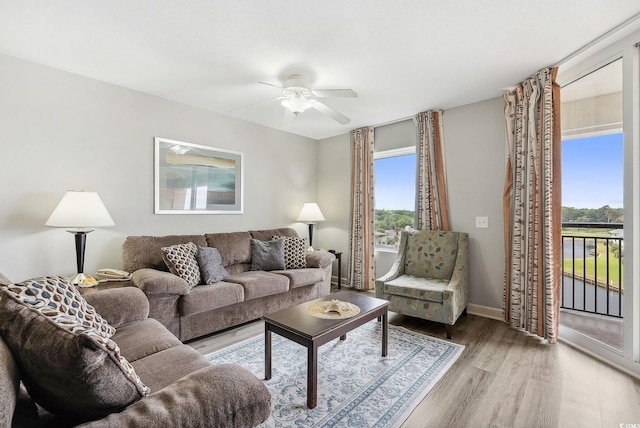 living room featuring ceiling fan and light hardwood / wood-style flooring