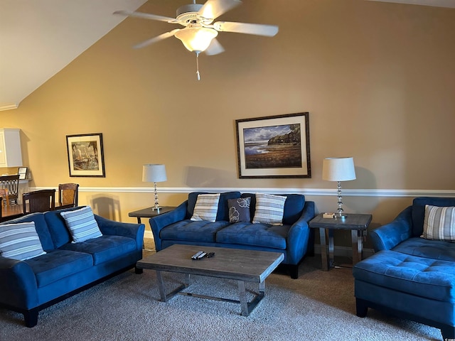 carpeted living room with lofted ceiling and ceiling fan