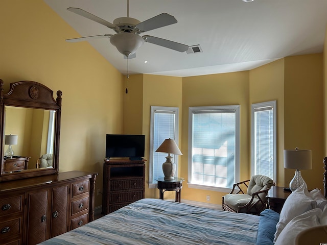 bedroom with vaulted ceiling and ceiling fan