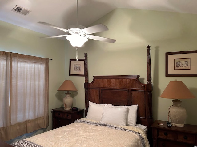 bedroom featuring lofted ceiling and ceiling fan