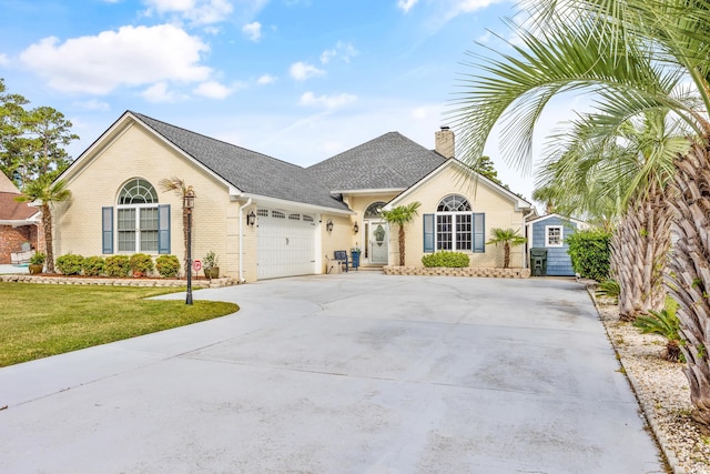 single story home featuring a garage and a front yard