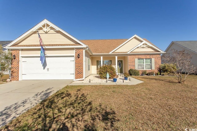 ranch-style house with a front yard and a garage