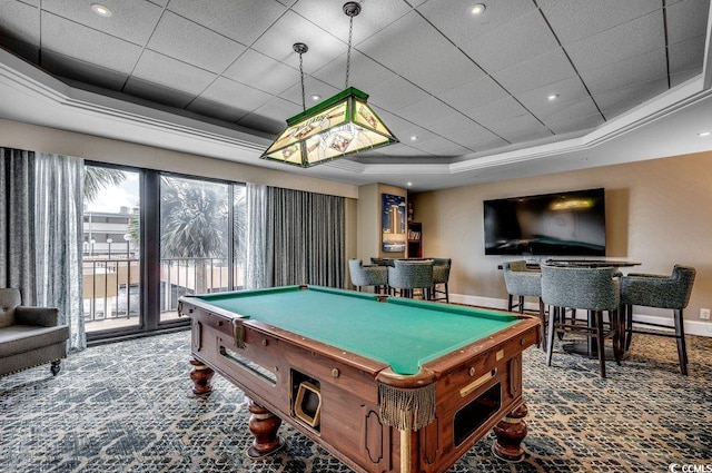 game room with carpet floors, a raised ceiling, and billiards