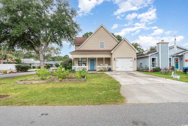 view of front of property featuring covered porch, a front yard, and a garage