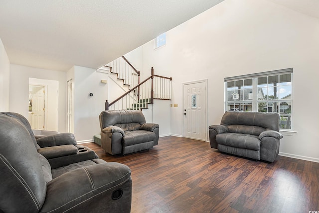 living room featuring a towering ceiling and dark wood-type flooring