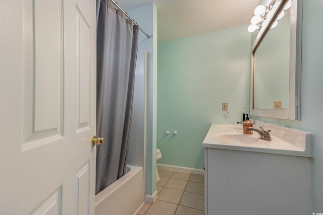 full bathroom with vanity, a textured ceiling, shower / bathtub combination with curtain, tile patterned floors, and toilet