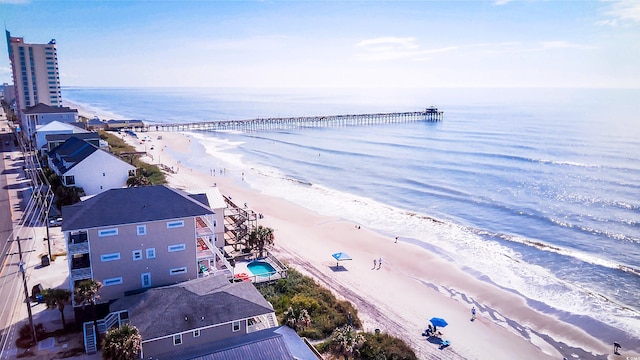 bird's eye view with a view of the beach and a water view