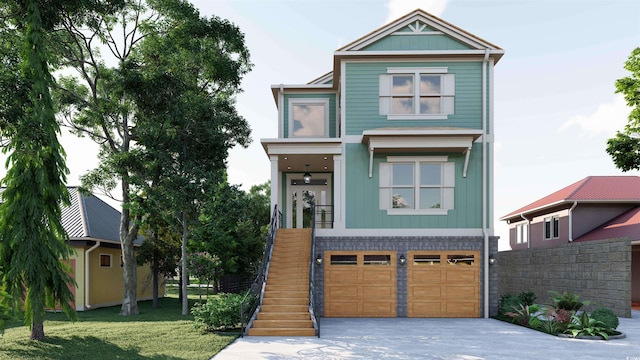 view of front of house featuring a garage and a front lawn