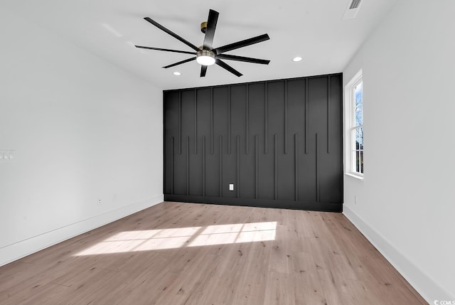 interior space with ceiling fan and light hardwood / wood-style floors