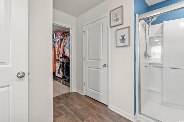 bathroom with walk in shower and hardwood / wood-style flooring