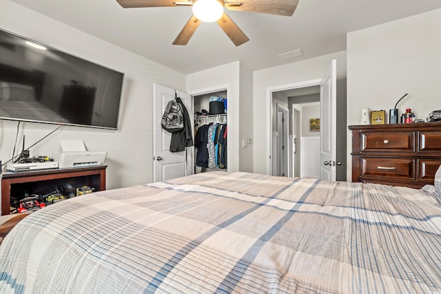 bedroom with ceiling fan and a closet