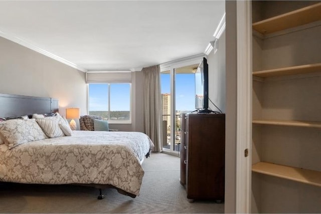 carpeted bedroom featuring crown molding and access to outside