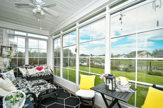 sunroom with a water view, ceiling fan, and wooden ceiling