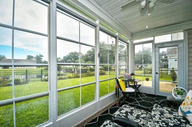 sunroom with ceiling fan and wood ceiling