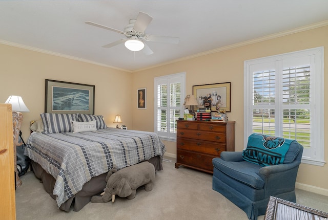 bedroom with light carpet, crown molding, and ceiling fan