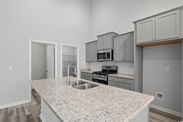 kitchen with appliances with stainless steel finishes, light stone countertops, sink, and a center island with sink