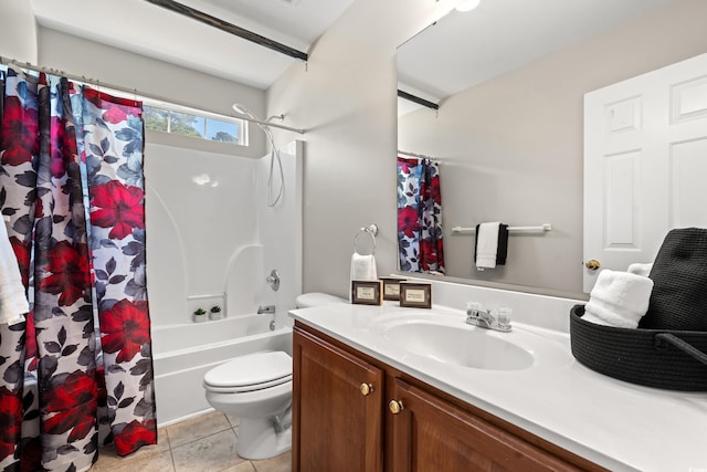 full bathroom with shower / bath combination with curtain, vanity, tile patterned flooring, and toilet