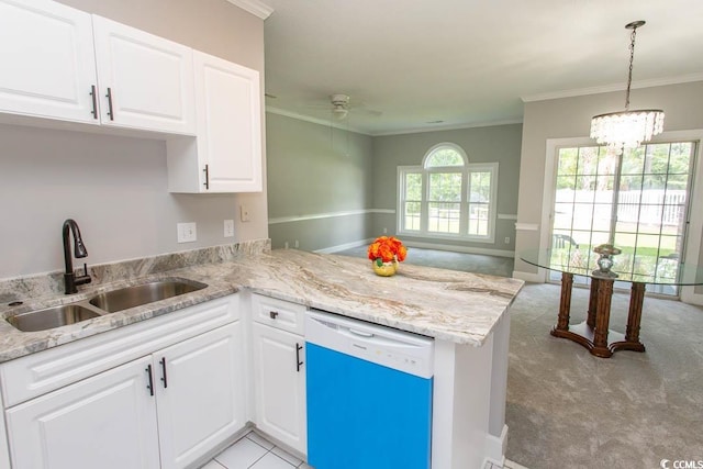 kitchen with dishwasher, white cabinetry, kitchen peninsula, and light carpet