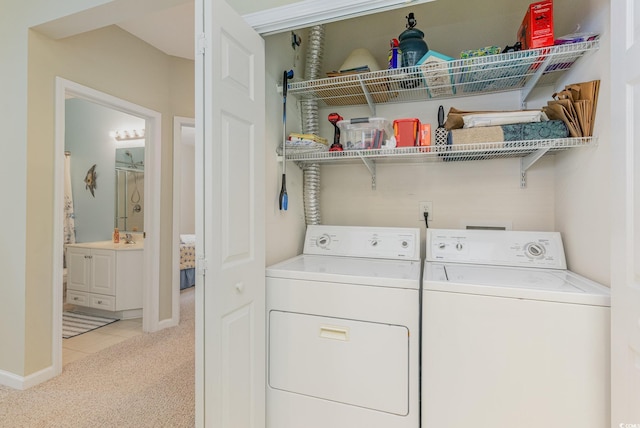 601 Hillside Dr N Unit 3906, North Myrtle Beach, SC 29582 - laundry area with washing machine and dryer, light colored carpet, and light tile patterned flooring