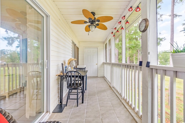 sunroom / solarium with wood ceiling, ceiling fan, and plenty of natural light