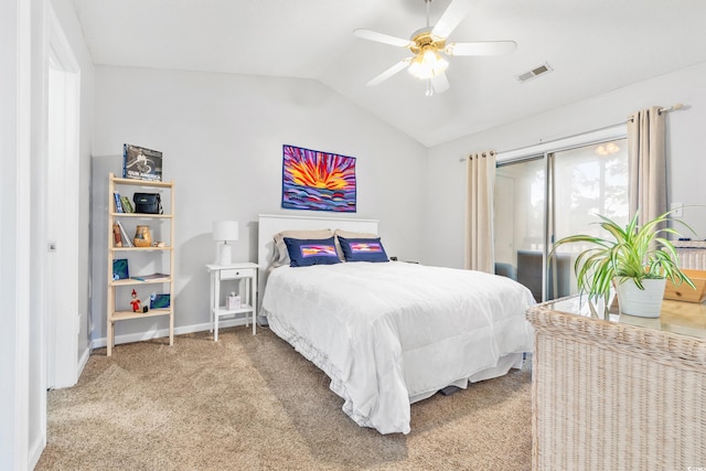 carpeted bedroom with vaulted ceiling and ceiling fan