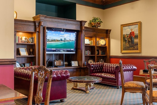 living room with crown molding