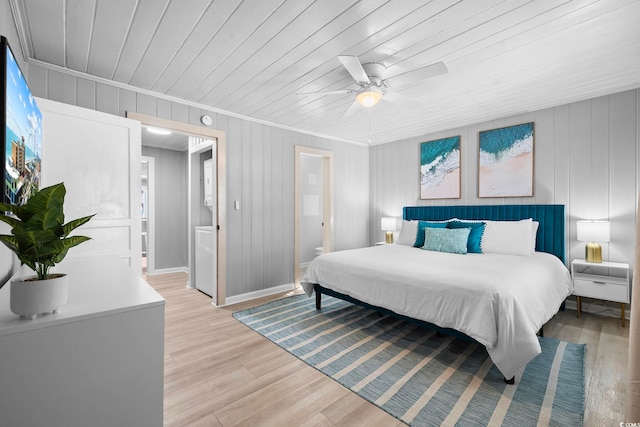 bedroom with light hardwood / wood-style floors, wooden ceiling, and ceiling fan