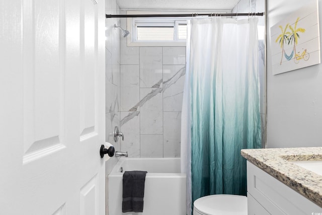 full bathroom with shower / tub combo, vanity, and toilet